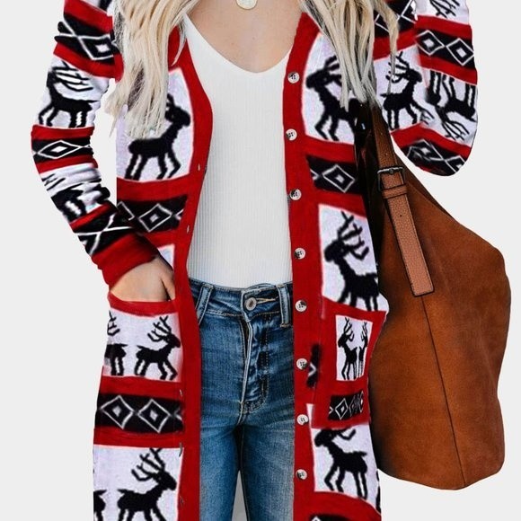 Red Christmas Element Print Long Cardigan - Picture 7 of 11